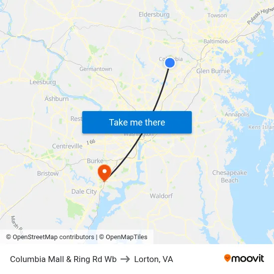 Columbia Mall & Ring Rd Wb to Lorton, VA map