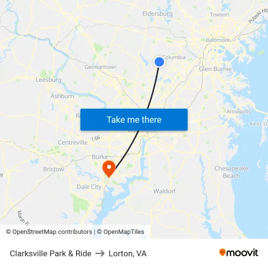 Clarksville Park & Ride to Lorton, VA map