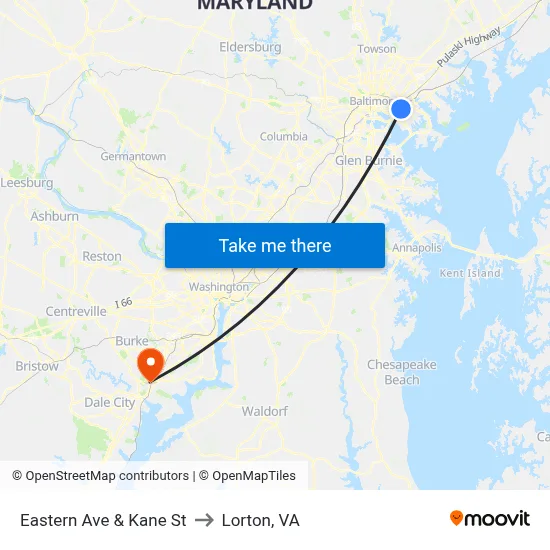 Eastern Ave & Kane St to Lorton, VA map