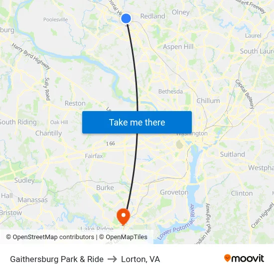 Gaithersburg Park & Ride to Lorton, VA map