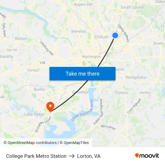 College Park Metro Station to Lorton, VA map