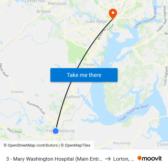 3 - Mary Washington Hospital (Main Entrance) to Lorton, VA map