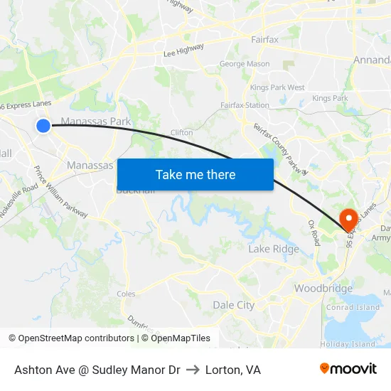 Ashton Ave @ Sudley Manor Dr to Lorton, VA map