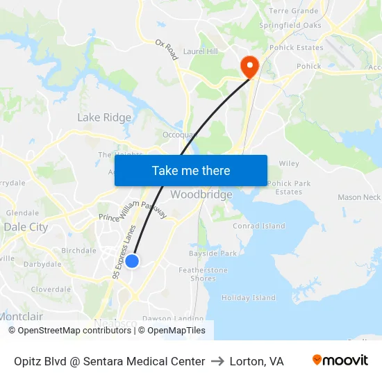 Opitz Blvd @ Sentara Medical Center to Lorton, VA map
