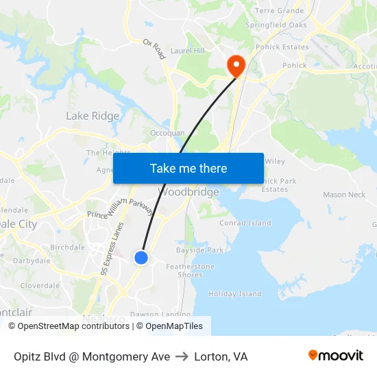 Opitz Blvd @ Montgomery Ave to Lorton, VA map