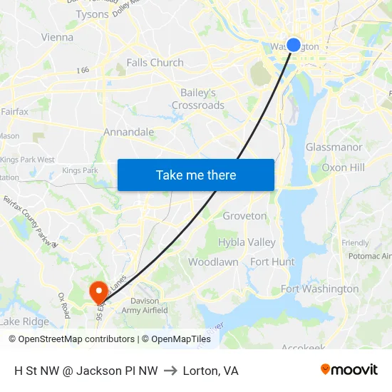 H St NW @  Jackson Pl NW to Lorton, VA map