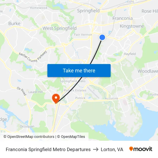 Franconia Springfield Metro Departures to Lorton, VA map