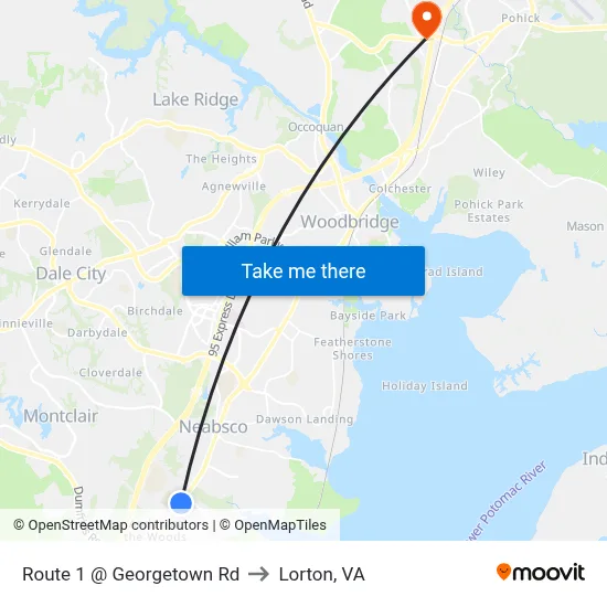 Route 1 @ Georgetown Rd to Lorton, VA map