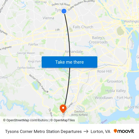 Tysons Corner Metro Station Departures to Lorton, VA map