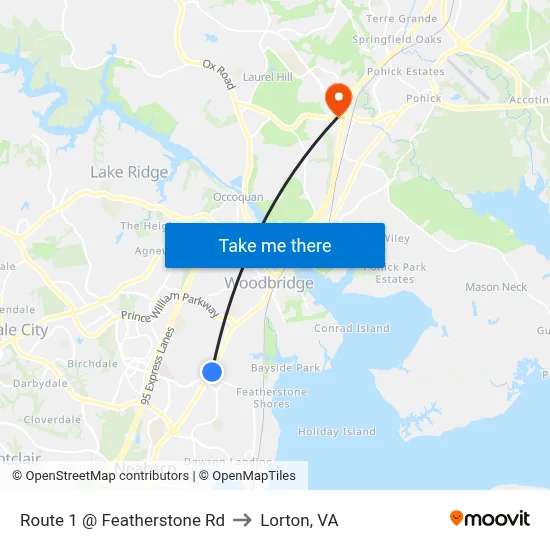 Route 1 @ Featherstone Rd to Lorton, VA map