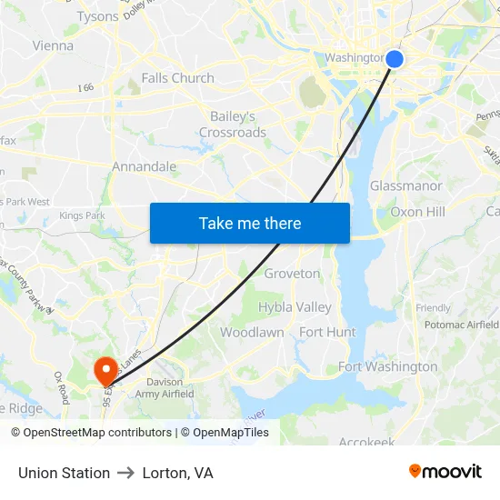 Union Station to Lorton, VA map