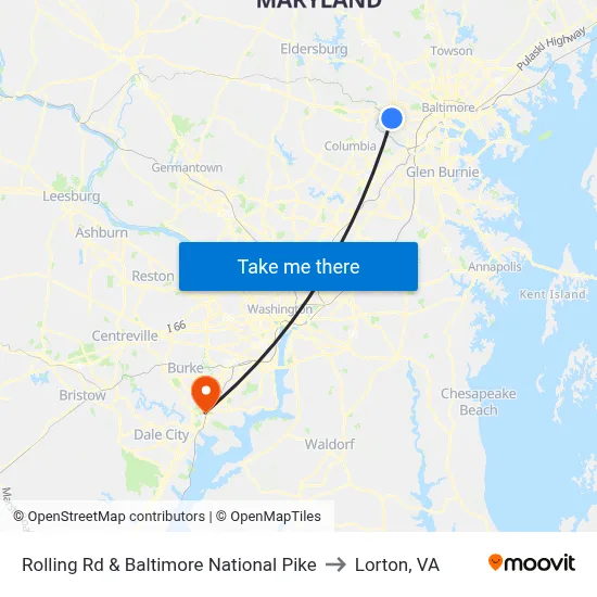 Rolling Rd & Baltimore National Pike to Lorton, VA map