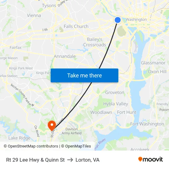Rt 29 Lee Hwy & Quinn St to Lorton, VA map