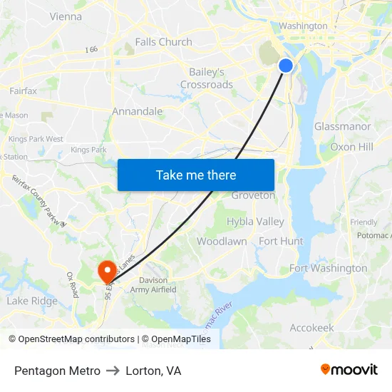 Pentagon Metro to Lorton, VA map