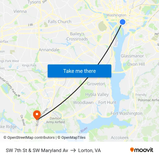 SW 7th St & SW Maryland Av to Lorton, VA map