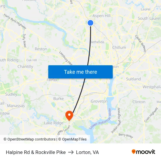 Halpine Rd & Rockville Pike to Lorton, VA map