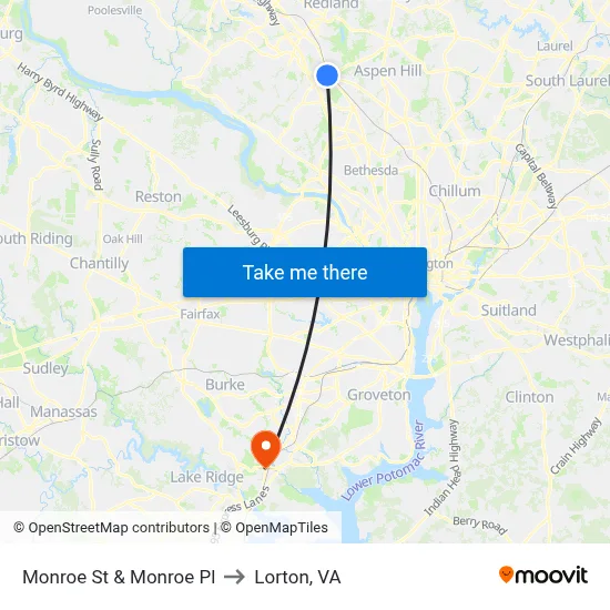 Monroe St & Monroe Pl to Lorton, VA map