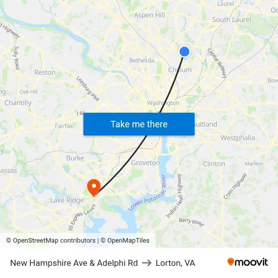 New Hampshire Ave & Adelphi Rd to Lorton, VA map