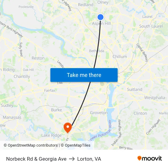 Norbeck Rd & Georgia Ave to Lorton, VA map