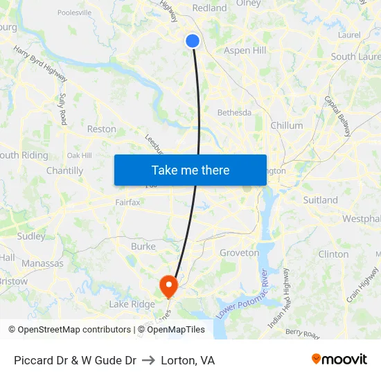 Piccard Dr & W Gude Dr to Lorton, VA map