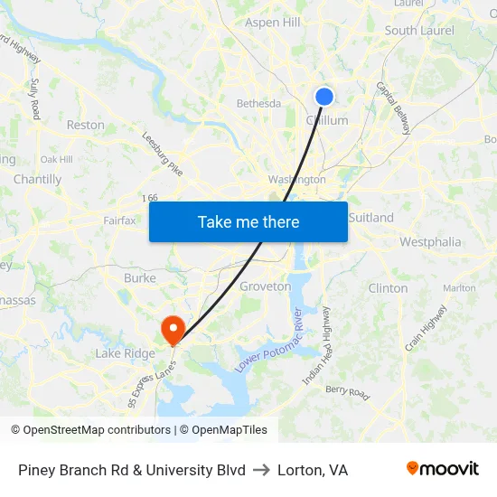 Piney Branch Rd & University Blvd to Lorton, VA map