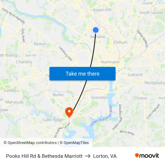Pooks Hill Rd & Bethesda Marriott to Lorton, VA map