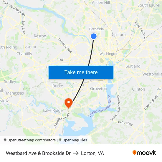 Westbard Ave & Brookside Dr to Lorton, VA map