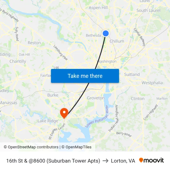 16th St & @8600 (Suburban Tower Apts) to Lorton, VA map