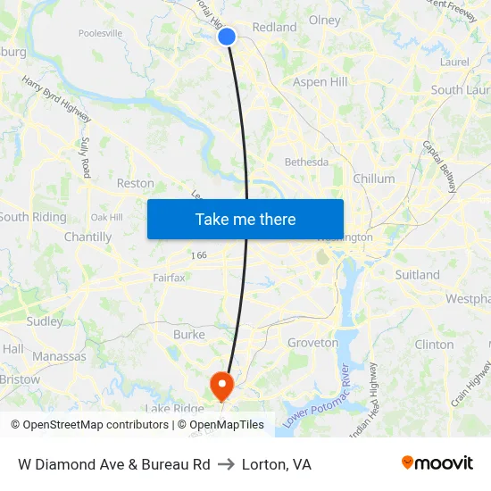 W Diamond Ave & Bureau Rd to Lorton, VA map