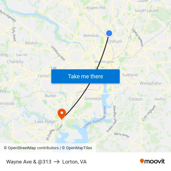 Wayne Ave & @313 to Lorton, VA map