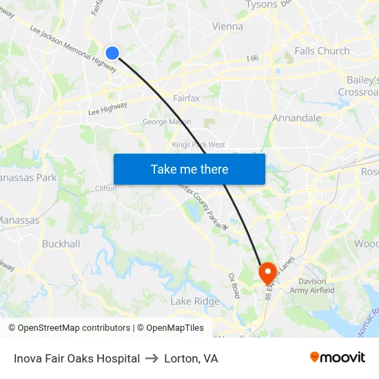 Inova Fair Oaks Hospital to Lorton, VA map