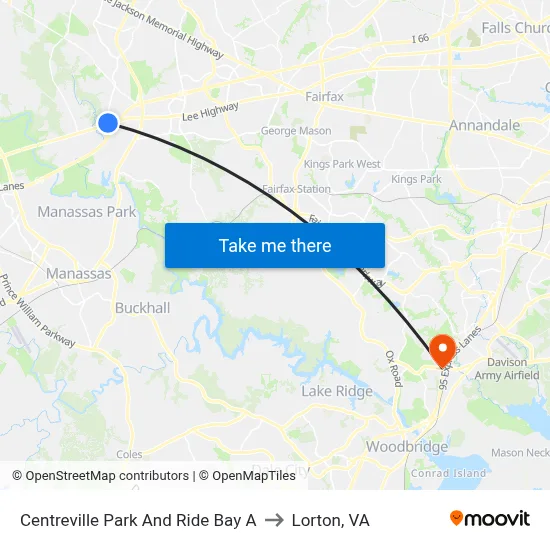 Centreville Park And Ride Bay A to Lorton, VA map