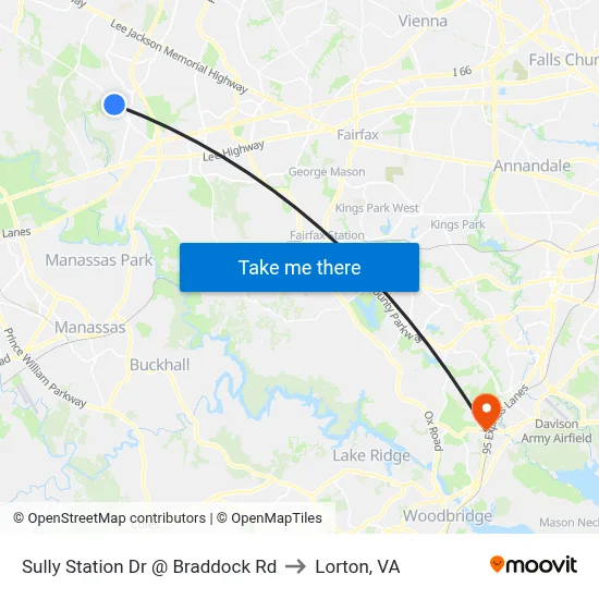 Sully Station Dr @ Braddock Rd to Lorton, VA map