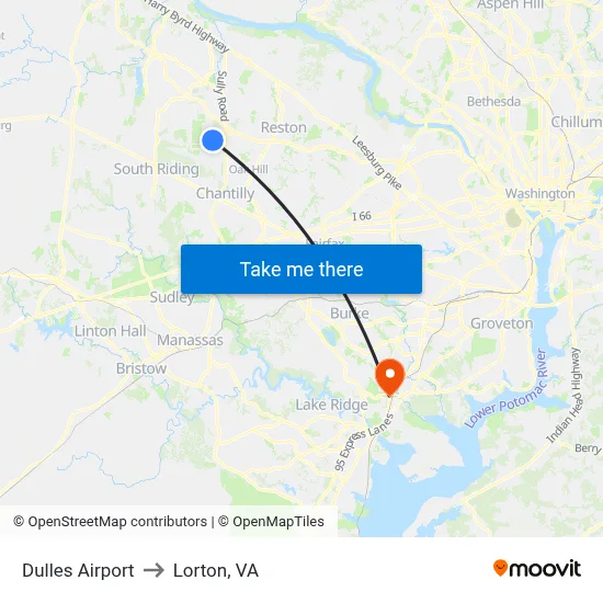 Dulles Airport to Lorton, VA map