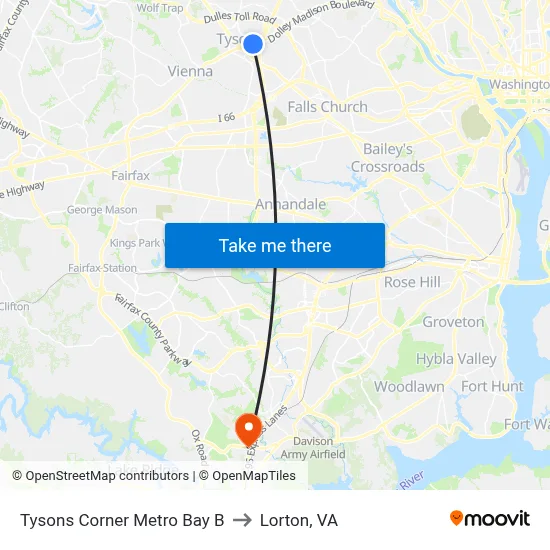 Tysons Corner Metro Bay B to Lorton, VA map