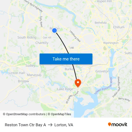 Reston Town Ctr Bay A to Lorton, VA map