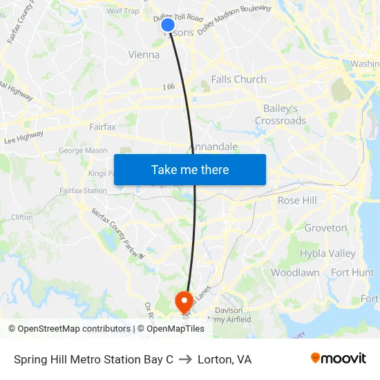 Spring Hill Metro Station Bay C to Lorton, VA map