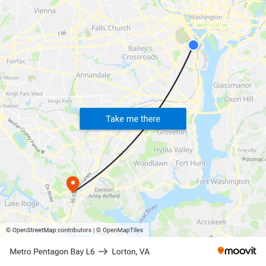 Metro Pentagon Bay L6 to Lorton, VA map