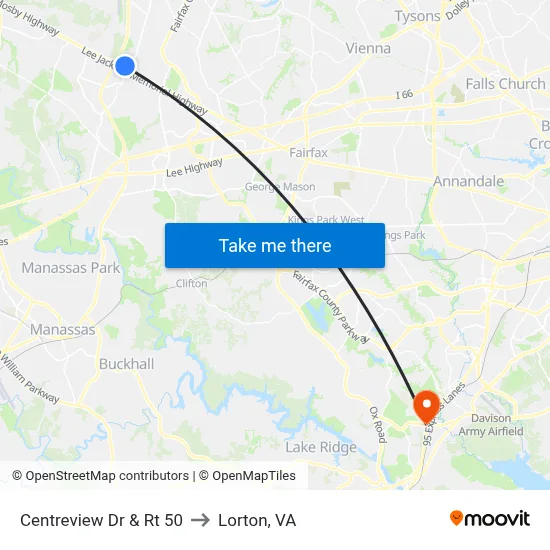 Centreview Dr & Rt 50 to Lorton, VA map
