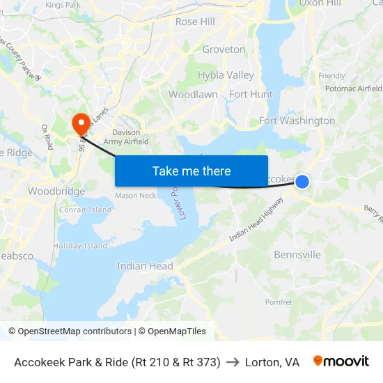 Accokeek Park & Ride (Rt 210 & Rt 373) to Lorton, VA map