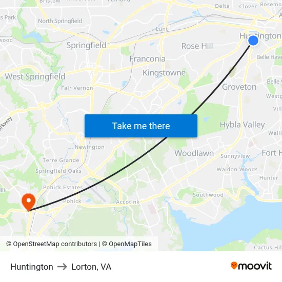 Huntington to Lorton, VA map