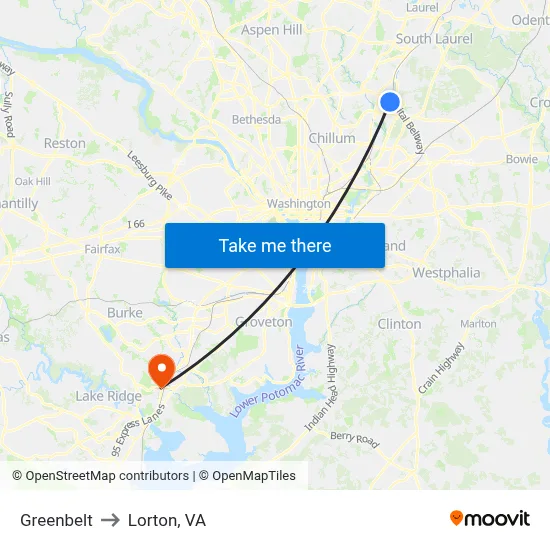 Greenbelt to Lorton, VA map