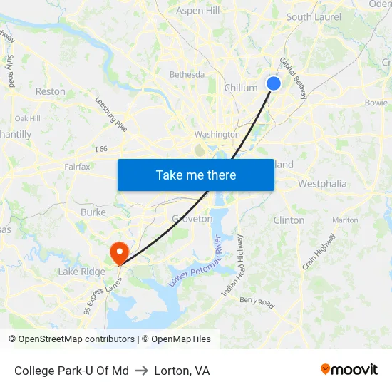 College Park-U Of Md to Lorton, VA map