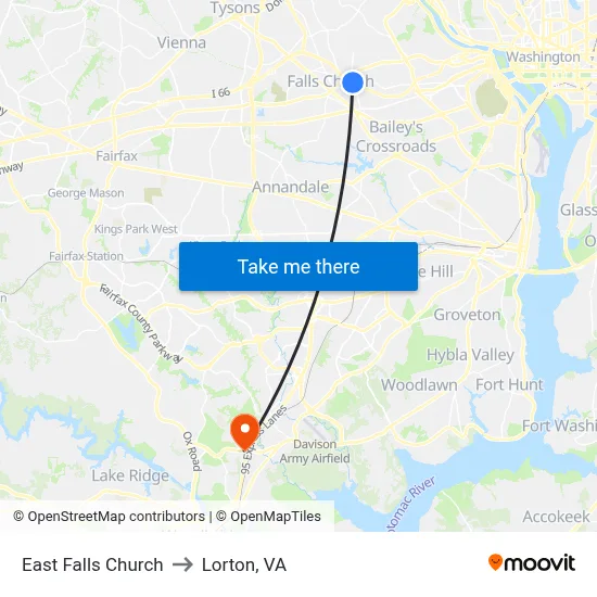 East Falls Church to Lorton, VA map