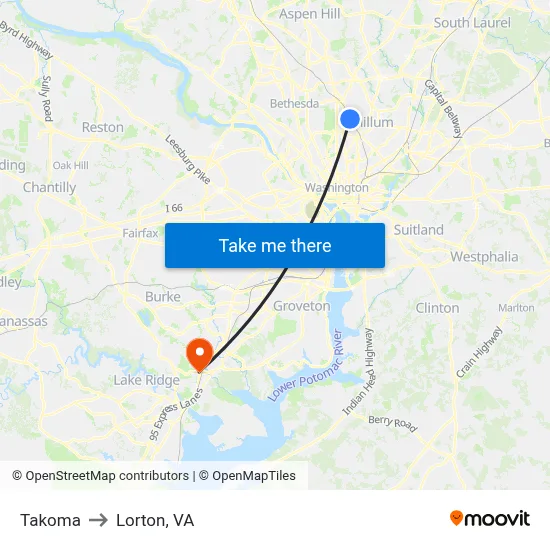 Takoma to Lorton, VA map