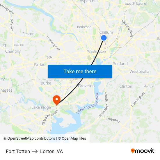Fort Totten to Lorton, VA map