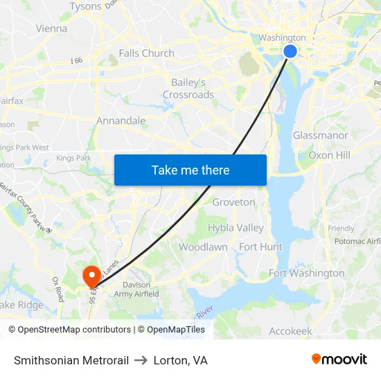Smithsonian Metrorail to Lorton, VA map