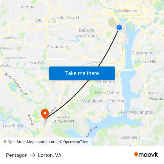 Pentagon to Lorton, VA map