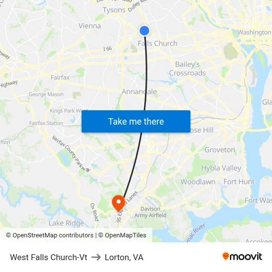 West Falls Church-Vt to Lorton, VA map