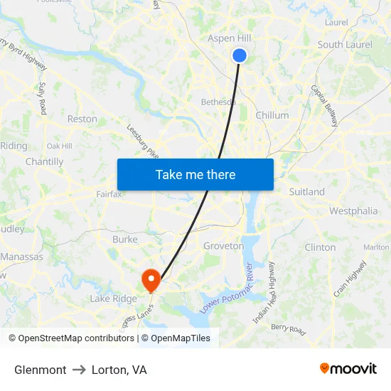 Glenmont to Lorton, VA map